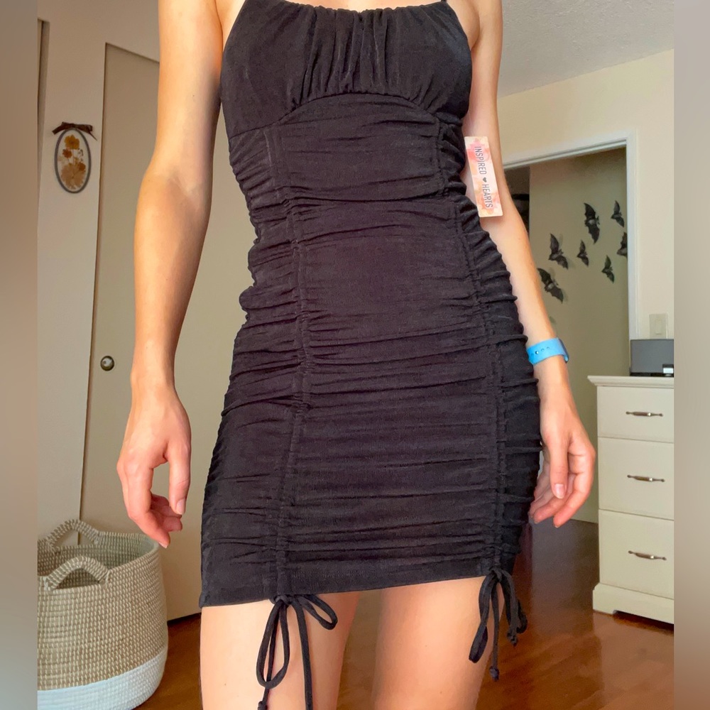 NWT Small black mini dress with tie bows ruched bust